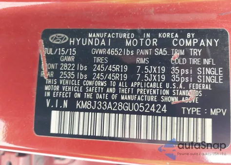 2016 Hyundai Tucson Sport из США, поврежденный, VIN KM8J33A28GU052424